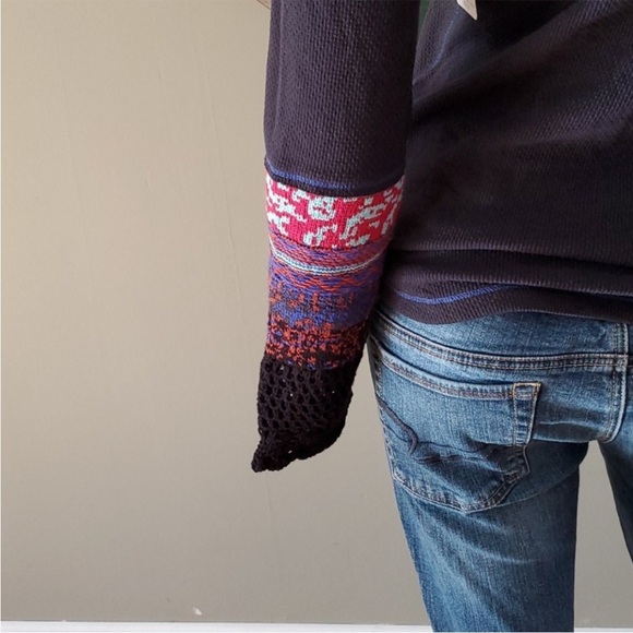 Free People In The Mix Patchwork Cuff Black Thermal Tee S Black Combo - Picture 12 of 16